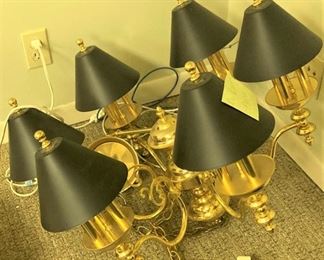 Brass light fixture with black shades