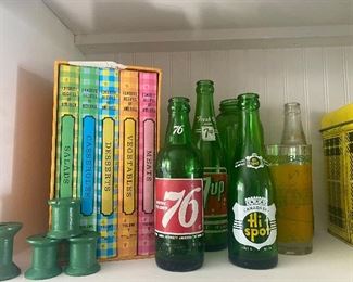 Vintage 7-Up bottles, Canadian high spot bottle, vintage glasses, cookbooks, lunchpail