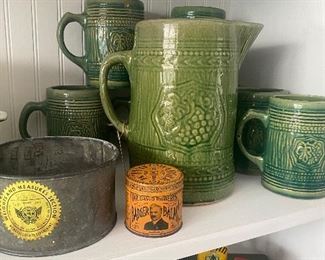 Green stoneware picture and mugs, tins , vintage
