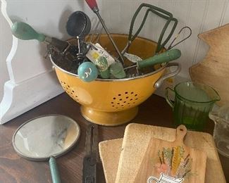 Cutting board, kitchen utensils, yellow enamel 