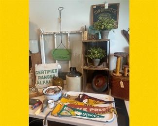 Certified Ranger alfalfa, pennants, dust pan, wooden boxes, matches, vintage, jugs, windows, antiques