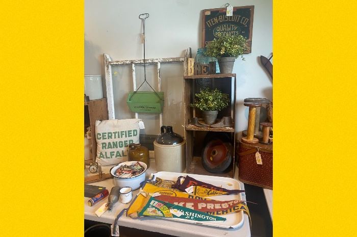 Certified Ranger alfalfa, pennants, dust pan, wooden boxes, matches, vintage, jugs, windows, antiques