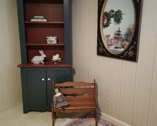 Beautiful child's bench, prob Amish and nice wood cupboard