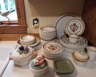 Mikasa Stone Manor "Kissing Cousins"  table setting also Fitz and Floyd fruit lid bowls