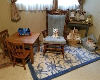 more woven rugs, dolls and childs oak table and chairs