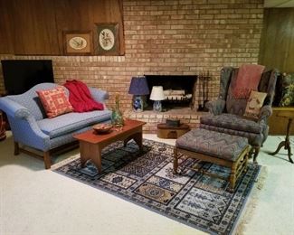 Ethan Allen love seat and wing back chair/ottoman.  Salt glazed ceramic lamps, woven rug, nice bench seat/coffee table, 40" Toshiba TV