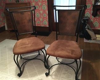 Hammered copper on the backs, faux suede seats, SUPER clean. Standard side chair dimensions. Very nice!
