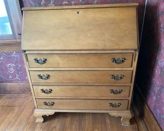 Mid century maple desk.  33.5" wide, 40.5" tall, 15" deep.  Four roomy drawers