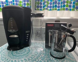 2 qt. Rubbermaid carafe, never used.  Bodum "Kenya" French press, like new.   12 c. coffeemaker