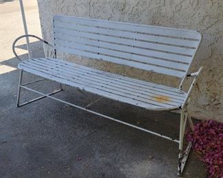 31.  $400.00.   Heavy steal bench from Hollywood High painted white.  Legally procured. :>) 
32” X 71” X 21.5” 
