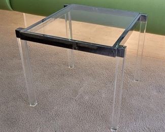 46.  $800.00.  Charles Hollis Jones signed cube side table chrome with Lucite .  17” X 20” X 20” 
