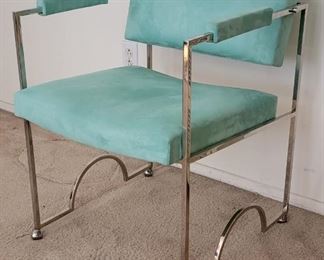 53.   $1,200.00.  Charles Hollis Jones  chrome chair with aqua upholstery .  1 pictured 4 available 
29” X 21” X 21” 
