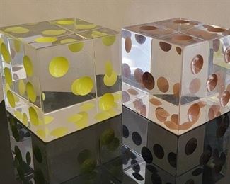 61. $3,000.00  Lucite dice set of dice.  Lot of 4.  Charles Hollis Jones signed.  See next picture for the other pair.  4” square 

