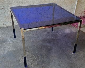 #87.  Extra view  Charles Hollis Jones signed  game table blue / clear Lucite with chrome base table.                                                                                         
29.5” X 42” X 42” 

