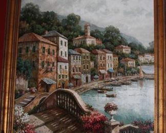 Beautiful large oil/canvas painting Tuscany Seaside signed by artist Christina. J - 49" x 60" frame - 56" x 68"  