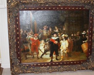 "The Night Watch" Rembrandt Reproduction oil/canvas - signed by artist - 36" x 48" - Frame 50 3/4" x 62 1/2"   