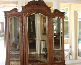 Antique 19th Century Louis XV French Armoire 3-section beveled doors, 140" tall, 83" wide, 18" deep   