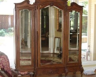 Antique 19th Century Louis XV French Armoire 3-section beveled doors, 140" tall, 83" wide, 18" deep   