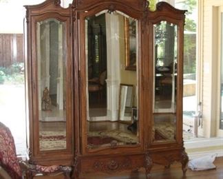 Antique 19th Century Louis XV French Armoire 3-section beveled doors, 140" tall, 83" wide, 18" deep   