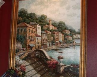 Beautiful large oil/canvas painting Tuscany Seaside signed by artist Christina. J - 49" x 60" frame - 56" x 68"  