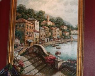 Beautiful large oil/canvas painting Tuscany Seaside signed by artist Christina. J - 49" x 60" frame - 56" x 68"  