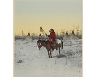 2003
Michael Coleman
b. 1946, Provo, UT
Crow Warrior On Horseback In A Winter Landscape
Lithograph in colors on paper under glass
Trial proof for an edition of unknown size
Signed and inscribed "trial proof" in pencil in the lower margin, at left: Michael Coleman; with multiple artist remarques in pencil and watercolor in the lower margin; and with two unidentified blindstamps in the lower margin
Image: 17" H x 13" W; Sight: 19" H x 13.625" W
Estimate: $400 - $600