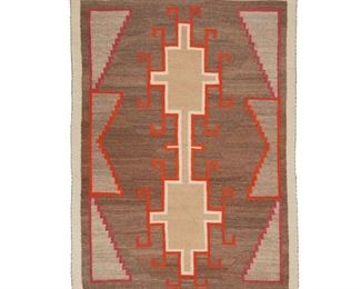 2010
A Navajo Regional Rug
Mid-20th Century; Diné
Woven in orange, pink, cream, white, and grey wool with two conjoined hooked lozenges to center, flanked by serrated elements
60" H x 43" W
Estimate: $600 - $800