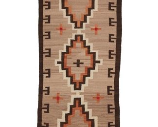 2011
A Navajo Regional Rug
Second-Quarter 20th Century or Later; Diné
Woven in orange, cream, dark brown, and grey wool with a central stepped diamond and floating cross elements
57.5" H x 30" W
Estimate: $600 - $800