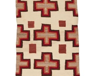 2012
A Navajo Regional Rug
Mid-20th Century; Diné
Woven in ivory, brown, red, rust, and grey-brown wool with three concentric crosses to center and three half-crosses to each edge
34" H x 51" W
Estimate: $500 - $700