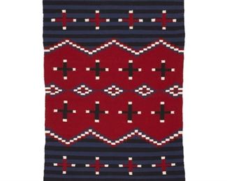 2020
A Navajo Moki Revival Textile
Fourth-Quarter 20th Century; Diné
Woven in red, dark blue, black and cream wool with spider woman crosses and banded motifs to ends
47.75" H x 31" W
Estimate: $300 - $500
