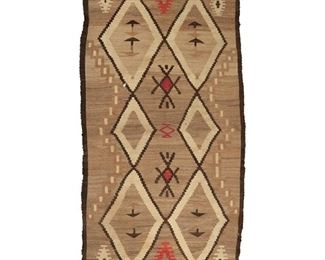 2024
A Navajo Regional Rug
First Half 20th Century
Woven in brown, natural brown, cream and red wool with two rows of three conjoined diamonds and waterbug-type motifs to center
80" L x 46" W
Estimate: $200 - $400
