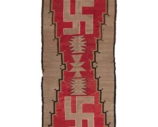 2025
A Navajo Regional Rug
First Half 20th Century; Diné
Woven in grey, red, black, and tan wool with stepped mountain motifs and whirling logs to each end
85.5" L x 41.5" W
Estimate: $400 - $600