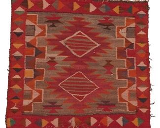 2026
A Navajo Germantown Saddle Blanket
Late19th/Early 20th Century; Diné
Woven in multiple color wools with central double conjoined serrated diamond, with flanking stepped motifs and diamond border
30.5" H x 33.5" W
Estimate: $300 - $500