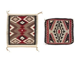 2036
Two Small Navajo Mats
Second Half 20th Century; Diné
Comprising a Navajo regional mat woven in red, brown, cream, grey, and black wool with conjoined central hourglass diamonds and sawtooth border to each side (23.75" H x 21.5" W) together with a small Klagetoh style mat woven in grey, red, black, and cream wool with central diamond and stepped motifs to corners (16.5" H x 17" W), 2 pieces
Estimate: $150 - $250