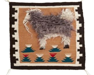 2042
Fannie Pete (B. 20th Century, Diné)
A Navajo tufted goat pictorial weaving
Woven in tan, cream, green, red, grey, and brown wool, with grey and cream fleece wool tufts added to the figure of a goat, with floral motifs and a stepped border to two sides.
26" H x 28" W
Estimate: $200 - $300