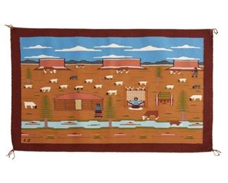 2046
Isabel John (1933-2004, Diné)
A Navajo pictorial weaving
Signed in weave: IJ
Woven in tan, blue, browns, green, pinks, black, grey, and white wool, depicting a view of life on the reservation, with hogans, figures including a weaver, trees, sheep, cows and the desert landscape with stream, sky and clouds
25" H x 41.5" W
Estimate: $500 - $700