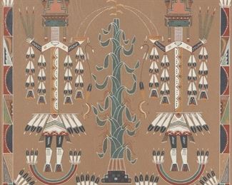 2047
Navajo School (21st Century Or Earlier)
Yei figures and a cornstalk protected by a rainbow band
Sandpainting on panel
Appears unsigned
24" H x 24" W
Estimate: $200 - $300