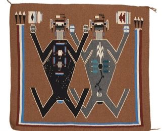 2048
Bertha Chee (20th Century, Diné)
A Navajo sandpainting weaving
Entitled Mother Earth Father Sky, woven in grey, black, brown, blue, green, teal, and light grey wool with two Yei figures on a camel field
34.75" H x 37.5" W
Estimate: $600 - $800