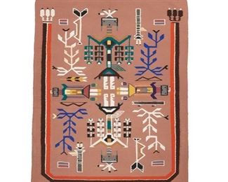 2049
A Navajo Sandpainting Textile
Fourth-Quarter 20th Century; Diné
Woven in polychrome wools on a buff ground with four Yei figures
56" H x 43.5" W
Estimate: $500 - $700