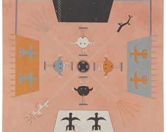 2050
Navajo Sandpainting Memory Aid (20th Century, Diné)
Nightway scene
Natural pigments on muslin
Appears unsigned
36" H x 36" W
Estimate: $400 - $600