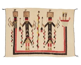 2052
A Navajo Yei Textile
First-Quarter 20th Century; Diné
Woven in red, blue, brown, purple, yellow and cream wool with two standing Yei figures with arrows and bows and Rainbow Guardian
27.5" H x 38" W
Estimate: $300 - $500