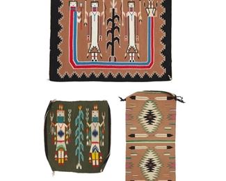 2056
A Group Of Navajo Pictorial Weavings
Second Half 20th Century; Diné
Three works:

A pictorial with two Yei figures and central corn stalk with Rainbow Guardian and serrated borders
Woven in red, blue, yellow, brown, and black wool
33" H x 25" W

A small pictorial with two Yei figures and central corn stalk motif
Woven in cream, blue, dark blue, orange, yellow, red, green, and black wool
19" H x 18.75" W

A narrow pictorial mat with feather motifs and two serrated diamonds
Woven in green, black, brown, and polychrome wools
27" H x 13.75" W

3 pieces
Estimate: $500 - $700