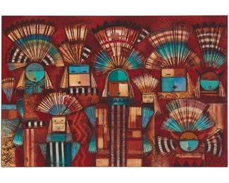 2057
Tony Abeyta
b. 1965, Taos, NM
"Council Of The Gods," 2004
Mixed media on canvas
Signed lower right: Tony Abeyta; titled and dated on a gallery label affixed to the verso of stretcher
20" H x 30" W
Estimate: $2,000 - $4,000