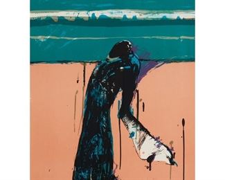 2058
Fritz Scholder
1937-2005, Luiseño
"Portrait Of A Dream," 1981
Color lithograph on pink paper, watermark Guarro, under glass
Edition: 25/120
Signed lower right: Scholder
Sight: 29.5" H x 21.5" W
Estimate: $400 - $600