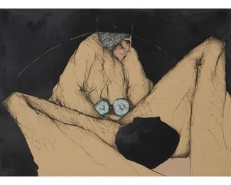 2060
Amado Maurilio Pena
b. 1943, Arizona
Seated Figure With Large Hat, Concho Belt And Blackware Olla With Avanyu Serpent
Color lithograph on paper under glass
Edition: 50/80
Signed in pencil along the lower sheet edge, at center: Amado Maurilio Pena; with two unidentified blindstamps in the lower corners
Image/Sheet: 22" x 30.25"
Estimate: $400 - $600