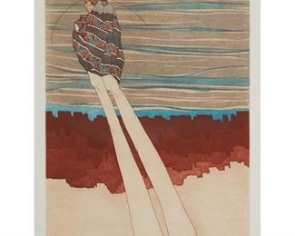 2061
Amado Maurillo Pena
b. 1943, Arizona
"Valle De Colores"
Etching and aquatint in colors on paper under glass
Edition: 36/65
Signed, titled, numbered and inscribed in pencil in the lower margin: Amado Maurilio Pena; with three unidentified blindstamps in the lower margin
Plate: 23.5" H x 17.75" W; Sight: 26"H x 19.75" W
Estimate: $300 - $500