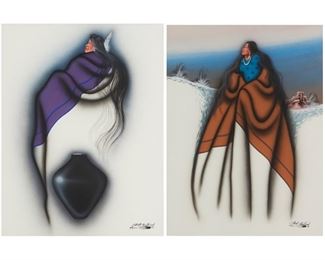 2062
Robert Redbird (20th Century, American)
Two works:

Native American figure wrapped in brown blanket
Mixed media on paper under glass
Signed and inscribed lower right: Robert Redbird / Kiowa and with the copyright symbol
Sight: 29" H x 21" W

Native American figure wrapped in purple blanket
Mixed media on paper under glass
Signed and inscribed lower right: Robert Redbird / Kiowa and with the copyright symbol
Sight: 28" H x 21" W

Estimate: $500 - $700