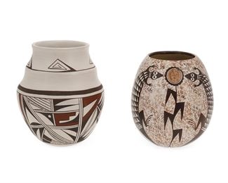 2071
Two Hopi Pottery Vessels
Two works:

A Joy Navasie, Second Frog Woman, Hopi-Tewa pottery vase
(1919-2012, Hopi-Tewa)
Signed with artist's frog cipher
The white ware pottery vase with stepped collar and polychrome avian motifs on white burnished slip glaze
6.5" H x 5.5" Dia.

A Sylvia Naha Hopi-Tewa pottery vase
(1951-1999, Hopi-Tewa)
Signed with artist's feather cipher and "S"
The egg-form, white ware pottery vase with polychrome lizards and sunflowers on white burnished slip glaze
5.75" H x 5" Dia.

2 pieces
Estimate: $500 - $700