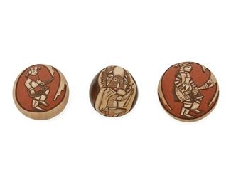 2073
Three Hopi Sgraffito Pottery Seed Pots
Three works:

Two Marty and Elvira Nampeyo vessels
(b. 1970 and b. 1968, Hopi)
Each signed and dated to underside: Marty & Elvira / '92 / Naha Nampeyo
Each matte, buff pottery with polychromed deep cut sgraffito designs, comprising a Koyemsi mudhead pot (2" H x 2.625" Dia.) and a Payakyamu clown pot (2.5" H x 2.875" Dia.), 2 pieces

A Lawrence Namoki vessel
(b. 1949, Hopi)
Signed to underside: Lawrence Namoki / Hopi / "Owl"
With burnished brown slip glaze and matte sgraffito Mongwa owl
2.25" H x 2.25" Dia.

3 pieces
Estimate: $200 - $300