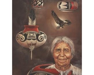 2074
John Steele
20th Century, Bakersfield, CA
"Fannie Nampeyo"
Oil on canvas
Signed lower right: John Steele ©; stamped with the artist's name and copyright again, and date, verso; titled on the frame plaque, with a variant title verso: "Fannie Nampeyo / Hopi."
24" H x 18" W
Estimate: $150 - $300